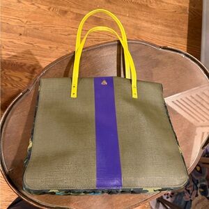 Orla Kiely Olive and Purple Tote with Yellow Handles